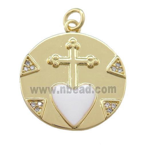 copper circle pendant with cross, white enamel heart, gold plated