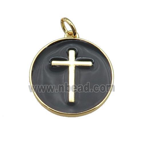 copper Circle pendant with black enamel, cross, gold plated