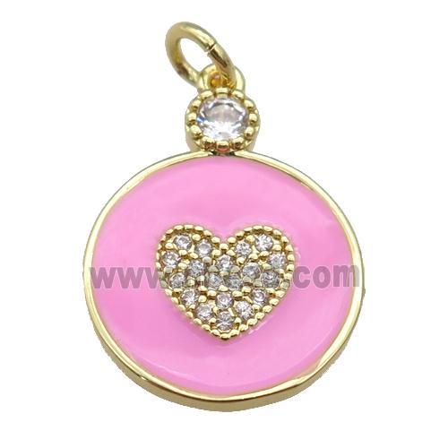 copper Circle pendant paved zircon with pink enamel, heart, gold plated