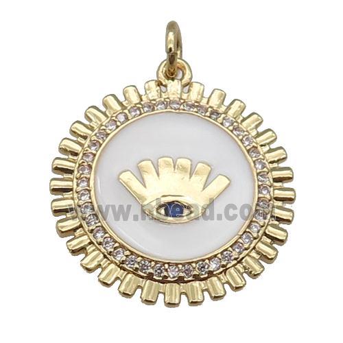 copper Circle pendant paved zircon with white enamel, eye, gold plated