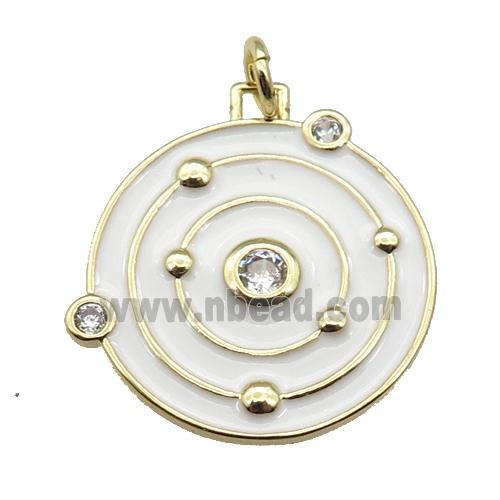 copper circle pendant with white enamel, planet, gold plated