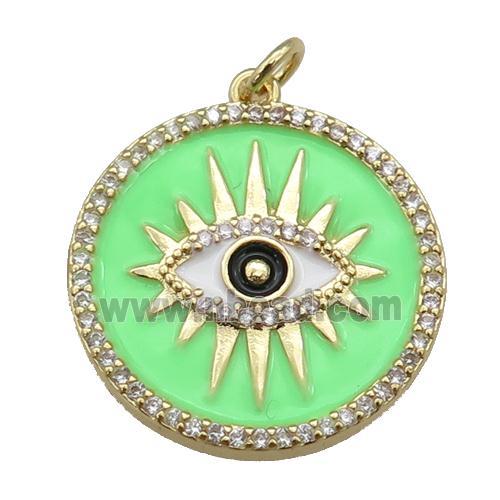 copper circle pendant paved zircon with green enamel, eye, gold plated