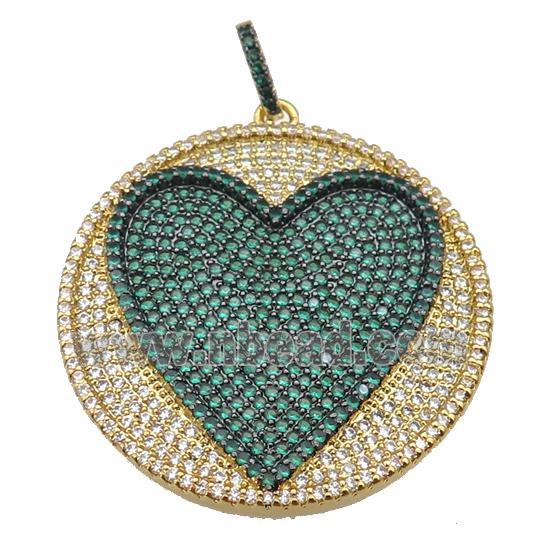 copper Heart pendant paved green zircon, circle, gold plated