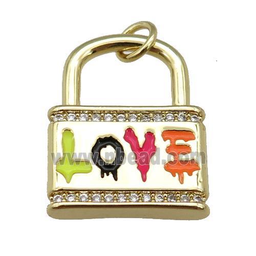 copper Lock pendant with multicolor enamel, LOVE, gold plated