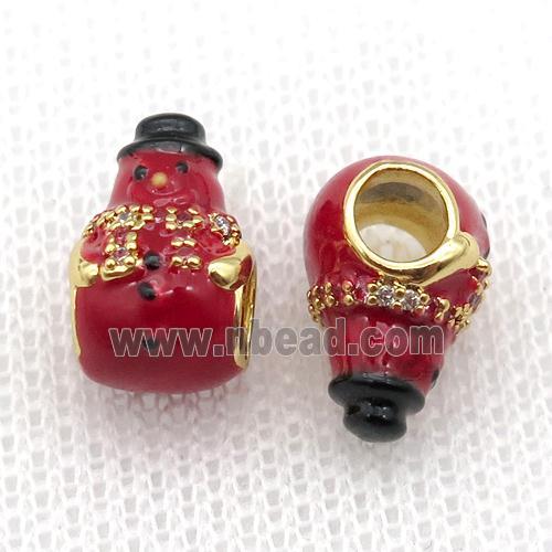 copper Christmas Snowman beads with red enamel, large hole, gold plated