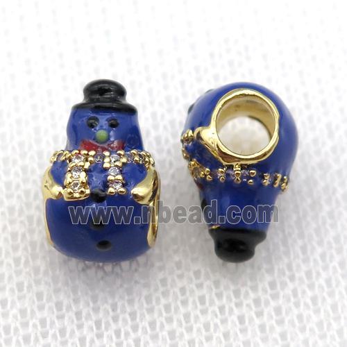 copper Christmas Snowman beads with blue enamel, large hole, gold plated