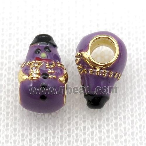 copper Christmas Snowman beads with purple enamel, large hole, gold plated