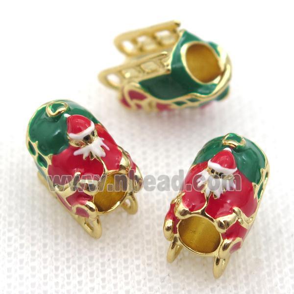 copper Christmas Claus beads with red enamel, large hole, gold plated