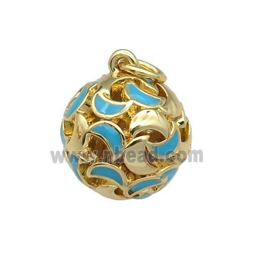 copper Ball pendant with teal enamel moon, hollow, gold plated