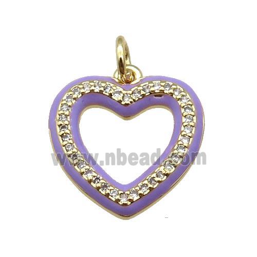 copper Heart pendant paved zircon with lavender enamel, gold plated