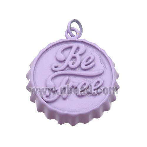 copper soda Bottle Cap pendant with lavender fire Lacquered, Be Free