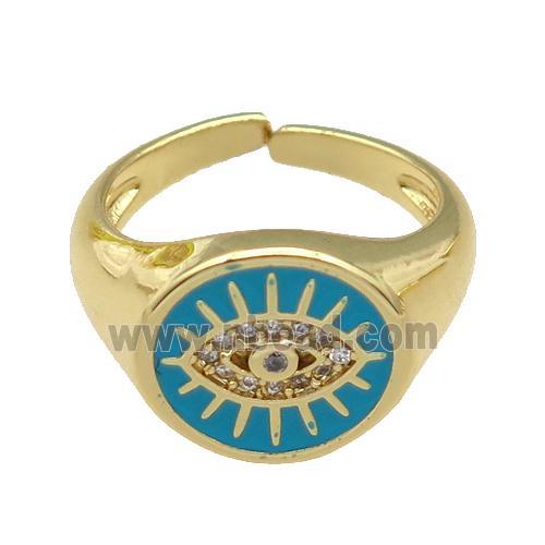 copper Rings with teal enamel Evil Eye, gold plated