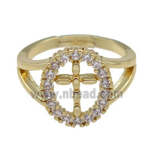 copper Ring paved zircon, cross, adjustable, gold plated