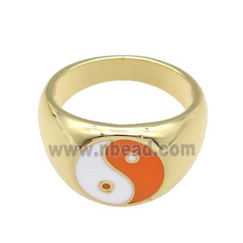 copper Ring with orange enamel Taichi, gold plated