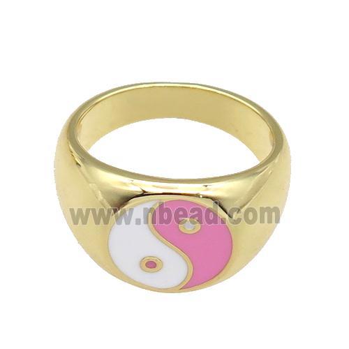 copper Ring with pink enamel Taichi, gold plated