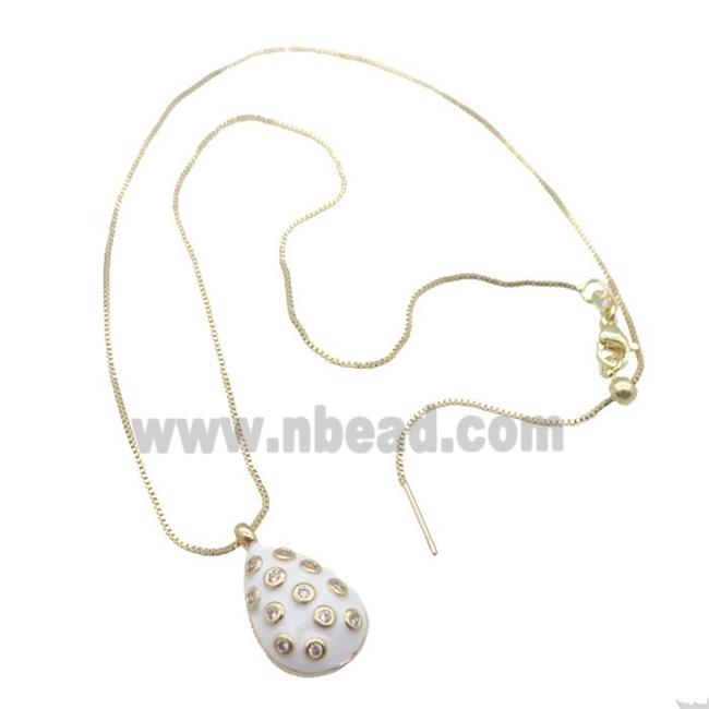 copper Necklace with teardrop paved zircon, white enamel, gold plated