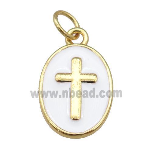 copper oval pendant with white enamel, cross, gold plated