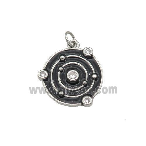 copper circle pendant with black enamel, planet, platinum plated