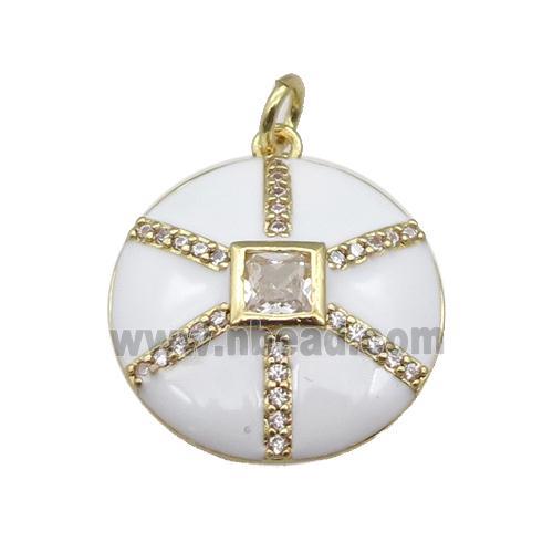 copper circle pendant paved zircon, white enamel, gold plated