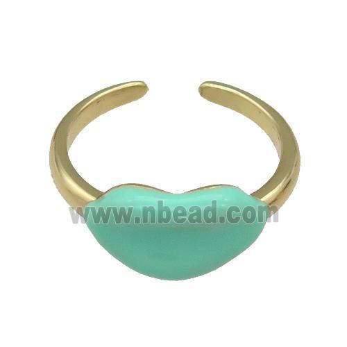 copper Ring with green enamel Lip, gold plated