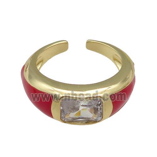 copper Ring paved zircon with red enamel, gold plated