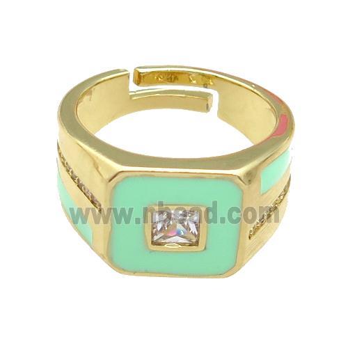copper Ring paved zircon with green enamel, gold plated