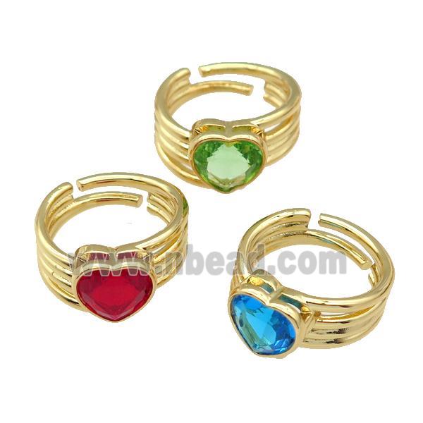 copper Ring paved zircon, heart, gold plated, mixed