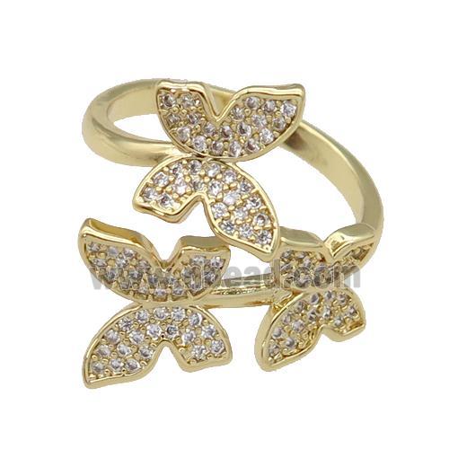 copper Rings paved zircon, butterfly, gold plated