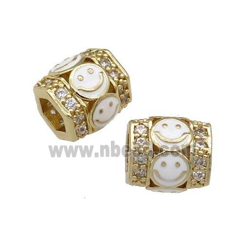 copper Tube beads paved zircon with white enamel smileface, gold plated