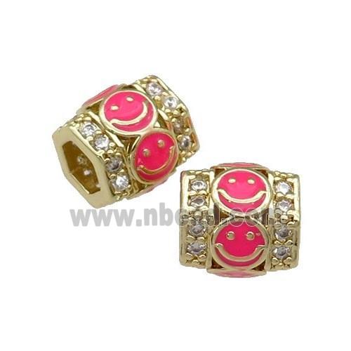 copper Tube beads paved zircon with hotpink enamel smileface, gold plated
