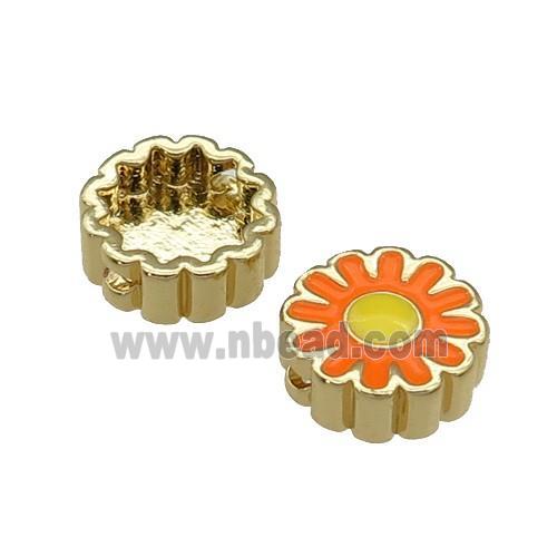 copper Sunflower beads with orange enamel, gold plated