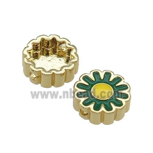 copper Sunflower beads with green enamel, gold plated