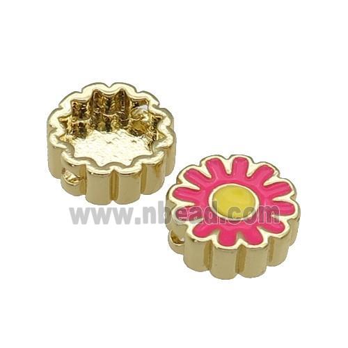 copper Sunflower beads with hotpink enamel, gold plated