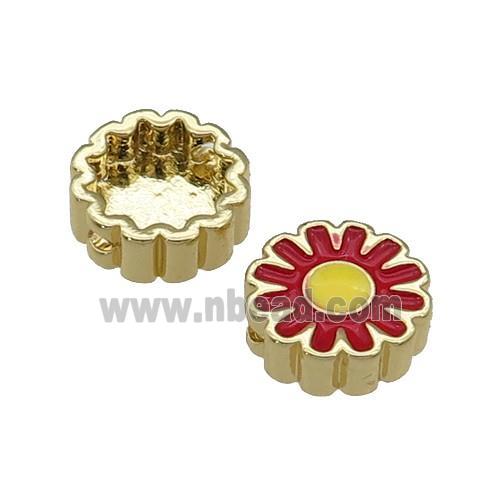 copper Sunflower beads with red enamel, gold plated