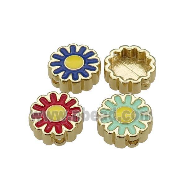 copper Sunflower beads with enamel, gold plated, mixed