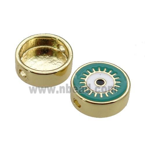 copper circle Eye beads with green enamel, gold plated