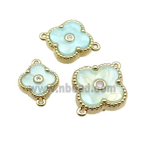 copper Clover connector pave green shell, gold plated