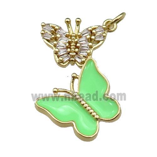 copper Butterfly pendant pave zircon, green enamel, gold plated