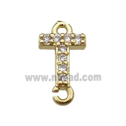 copper letter-T connector pave zircon, gold plated