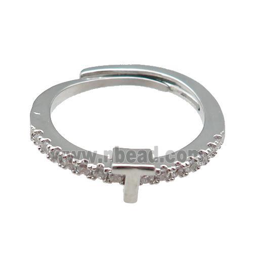 copper Ring pave zircon, letter-T, adjustable, platinum plated