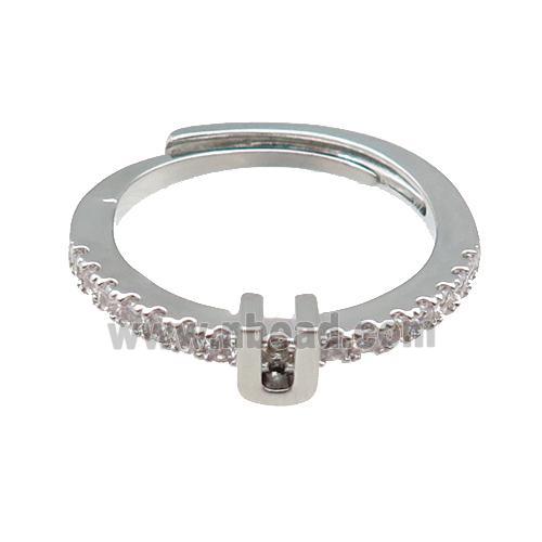 copper Ring pave zircon, letter-U, adjustable, platinum plated