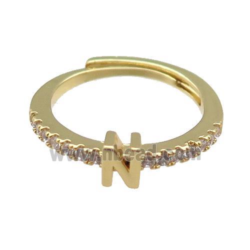 copper Ring pave zircon, letter-N, adjustable, gold plated