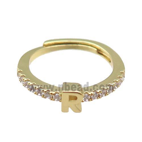 copper Ring pave zircon, letter-R, adjustable, gold plated