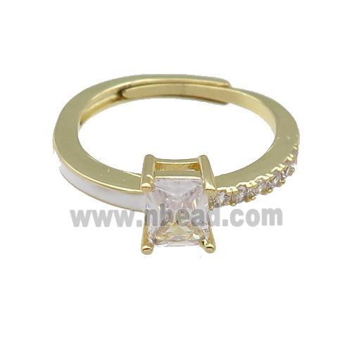 copper Ring pave zircon white enamel rectangle adjustable gold plated