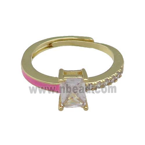 copper Ring pave zircon pink enamel rectangle adjustable gold plated