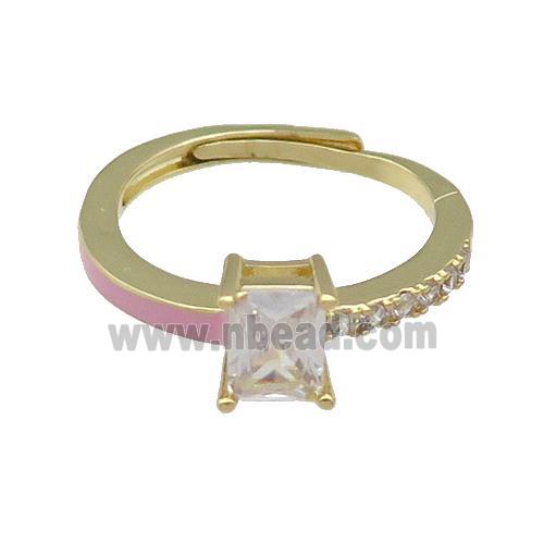 copper Ring pave zircon pink enamel rectangle adjustable gold plated