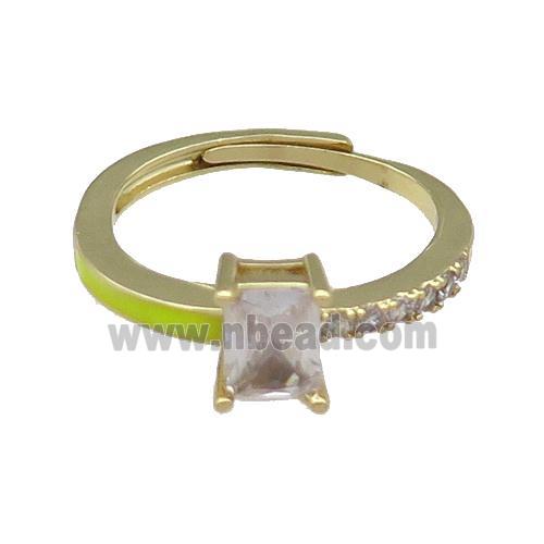 copper Ring pave zircon yellow enamel rectangle adjustable gold plated