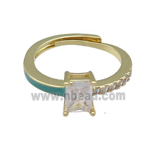 copper Ring pave zircon green enamel rectangle adjustable gold plated