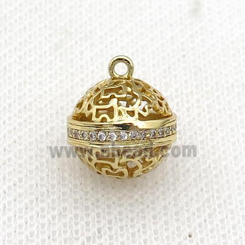 copper round ball pendant pave zircon hollow gold plated