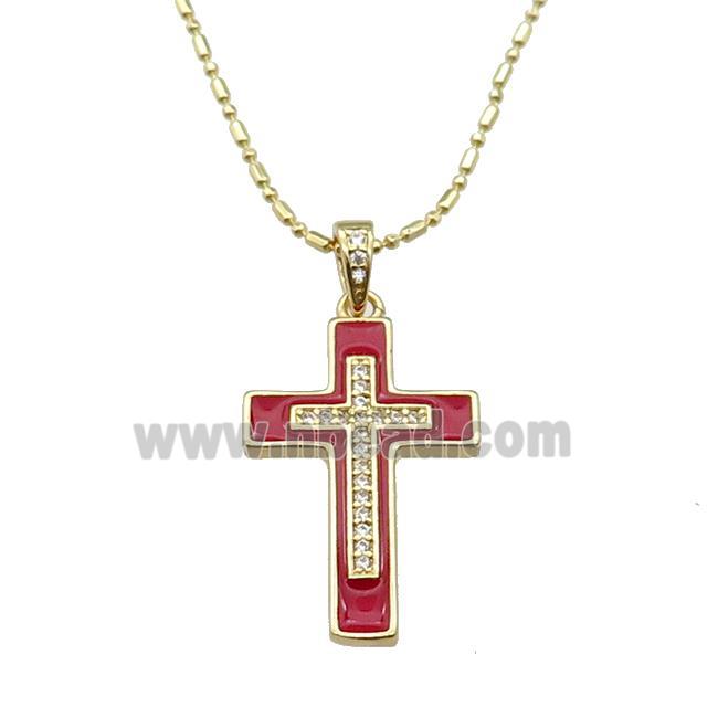copper Necklace with cross red enamel, gold plated